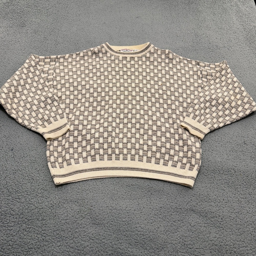 Boca Classics Vintage Mens XL Basketweave Knit Crewneck Sweater Cream Brown 90s